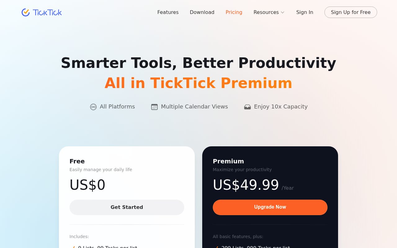 Screenshot of the TickTick upgrade page — TickTick: best for voice input and habit tracking on a budget