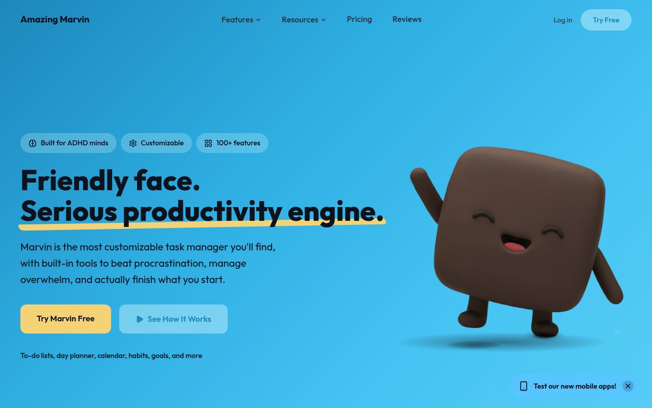Screenshot of the Amazing Marvin homepage — Amazing Marvin: best for deep customization across desktop and iPhone