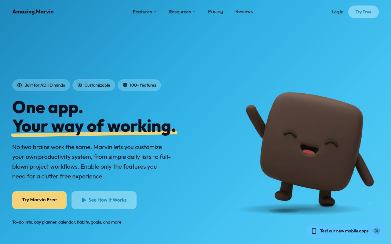 Screenshot of the Amazing Marvin website — Amazing Marvin: Strong for Customizable Personal Productivity Systems