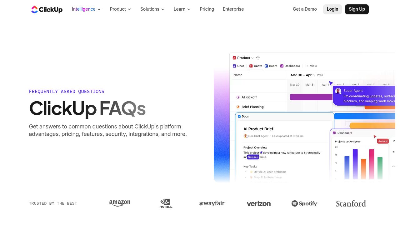 Screenshot of the ClickUp faqs page — Notion vs Asana vs ClickUp: Which Handles Founder Milestone Tracking Best?