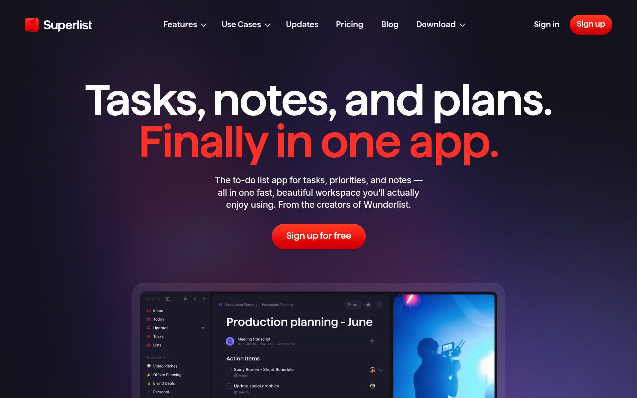 Screenshot of the Superlist website — Superlist: Strong for Collaborative Lists With a Familiar Interface