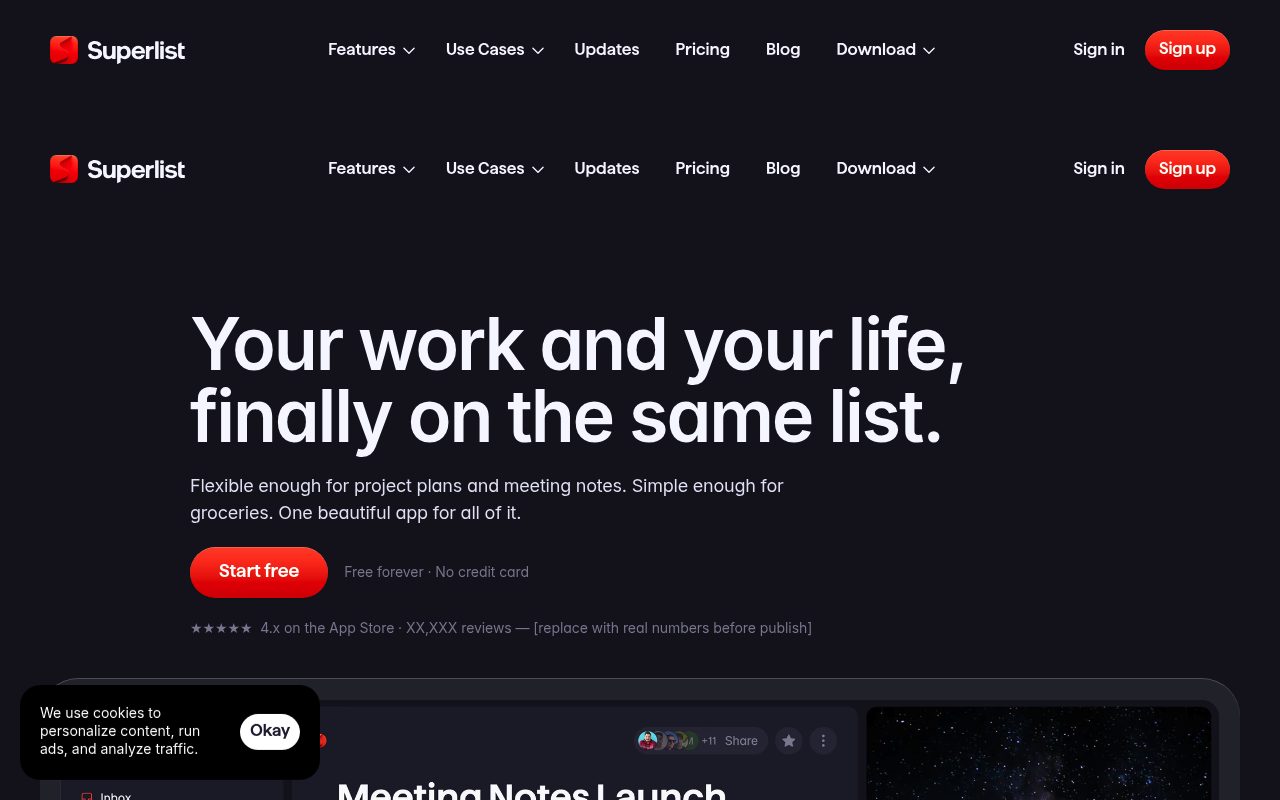 Screenshot of the Superlist home v2 page — Superlist: Best for Collaborative Lists