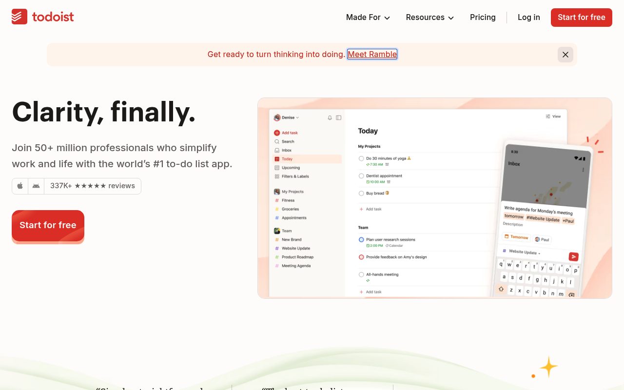 Screenshot of the Todoist website — Todoist vs. TickTick vs. ClickUp vs. Linear vs. Superlist vs. Things 3