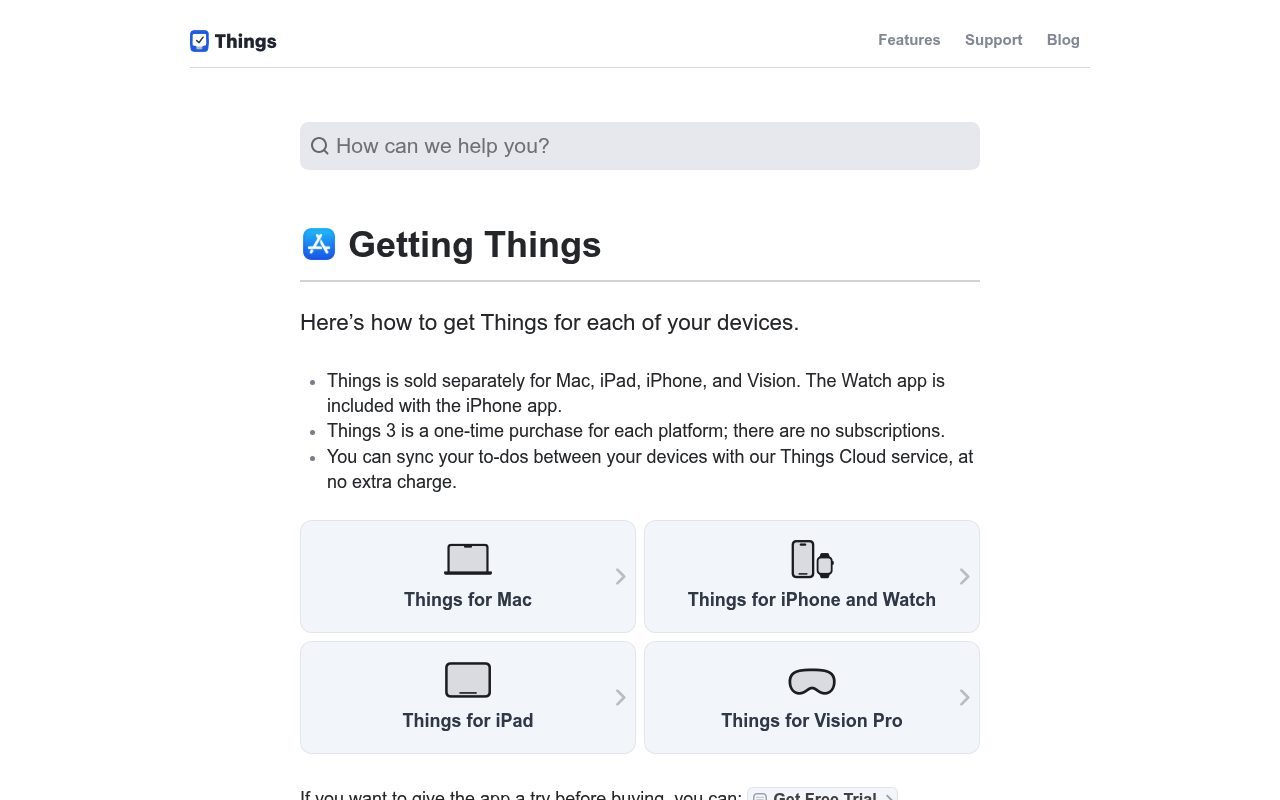 Screenshot of the Things 3 things page — Things 3: Best for One-Time Purchase, No Subscriptions