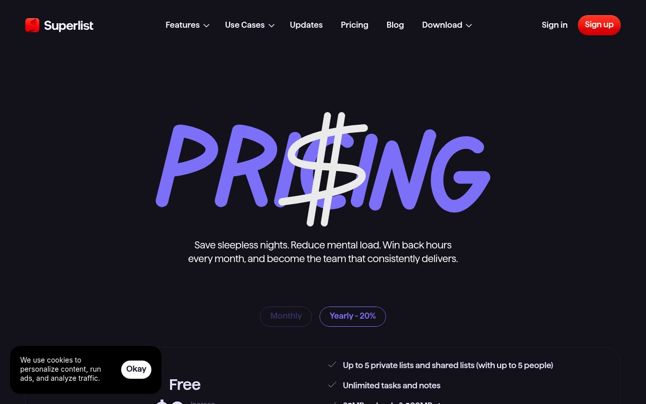 Screenshot of the Superlist pricing page — Superlist, Any.do, and ClickUp: Best for Collaboration, Calendar, and Full OKRs