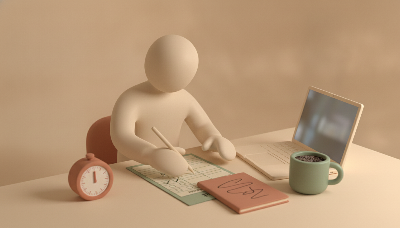 Person using notebook, timer, and habit tracker at a desk.