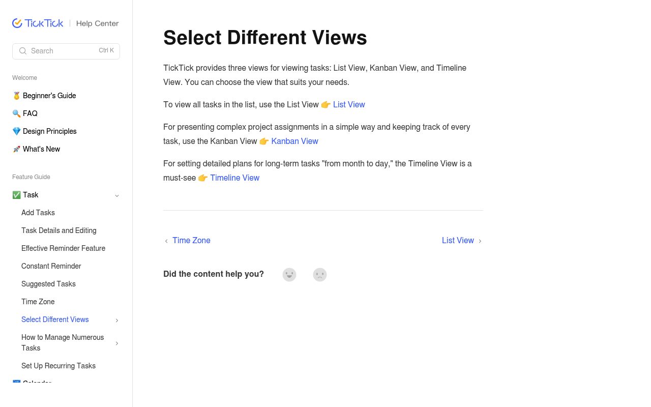 Screenshot of the TickTick articles page — TickTick: a true single-data-set Kanban toggle