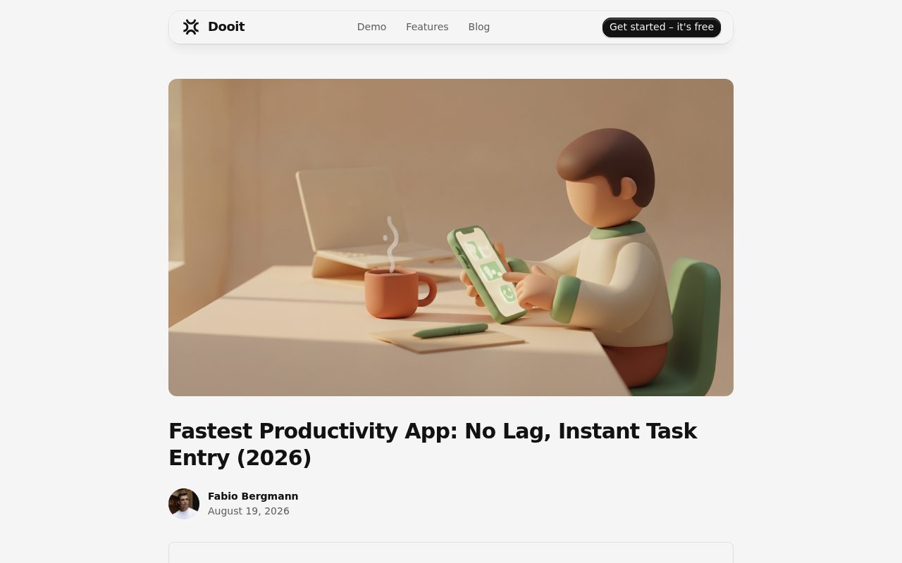 Screenshot of the Dooit blog page — Dooit: Keyboard-First Speed Plus Goal Horizons for Solo Founders