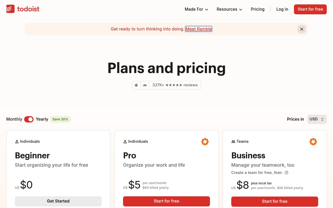 Screenshot of the Todoist pricing page — Todoist: Scalable Free-to-Paid Project Management