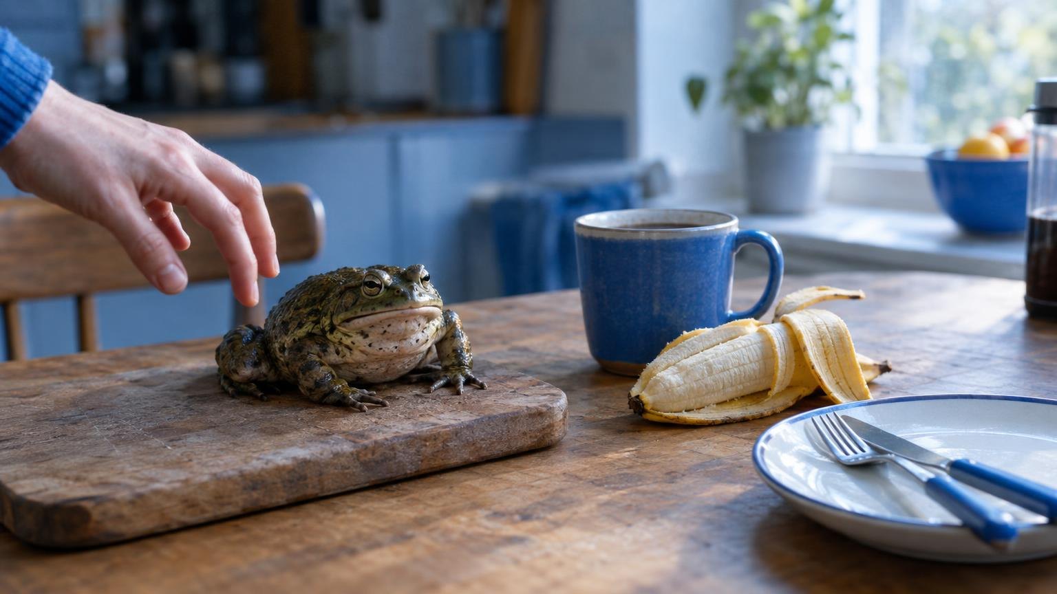 Morning kitchen with frog on cutting board and breakfast items