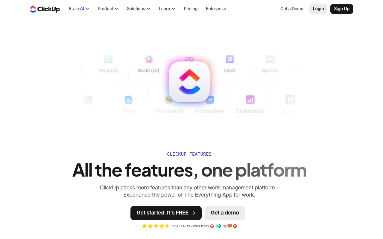 Screenshot of the ClickUp features page — ClickUp: strong for teams needing Slack and email integration