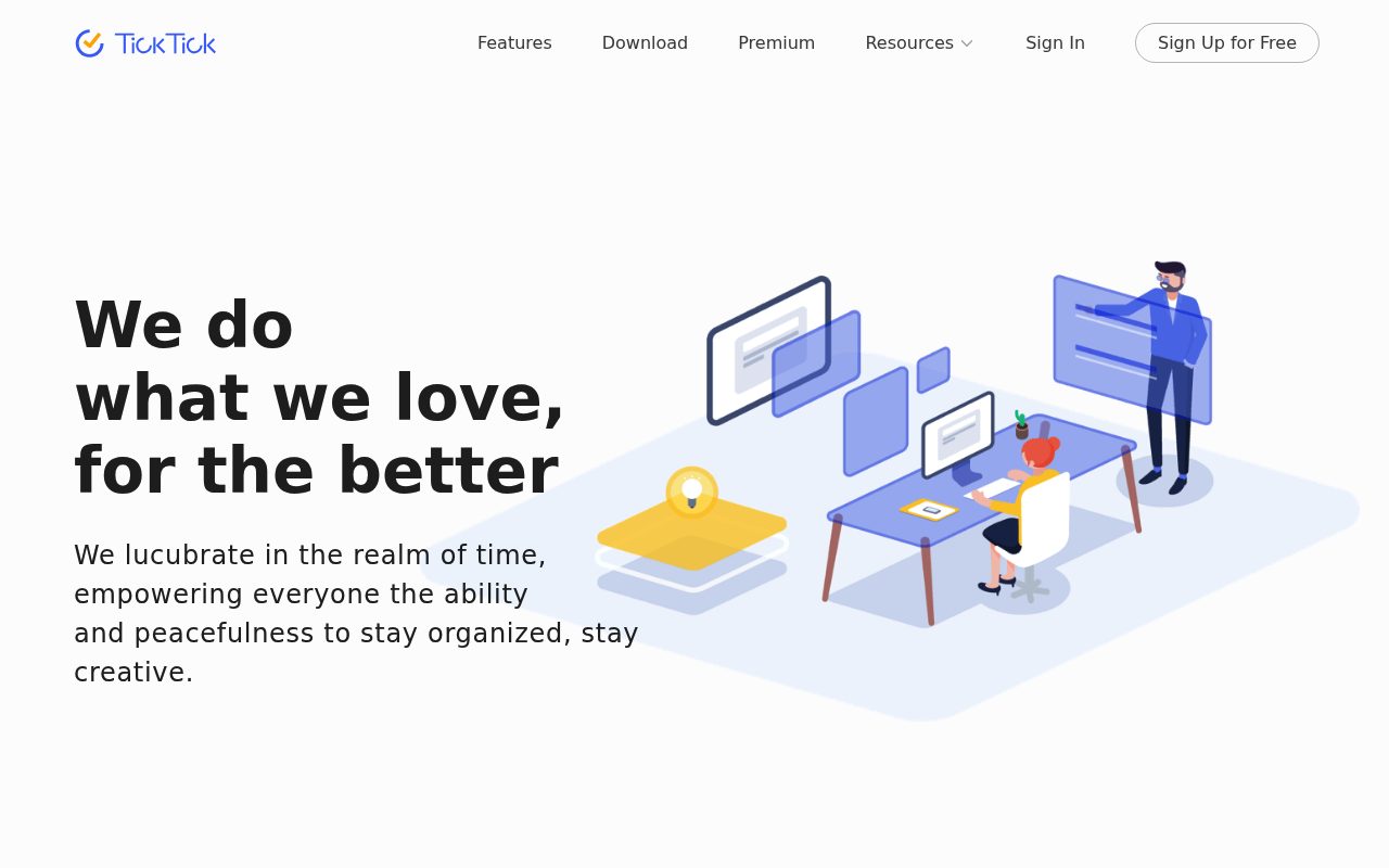 Screenshot of the TickTick about page — TickTick: strong for combining calendar, habits, and Pomodoro