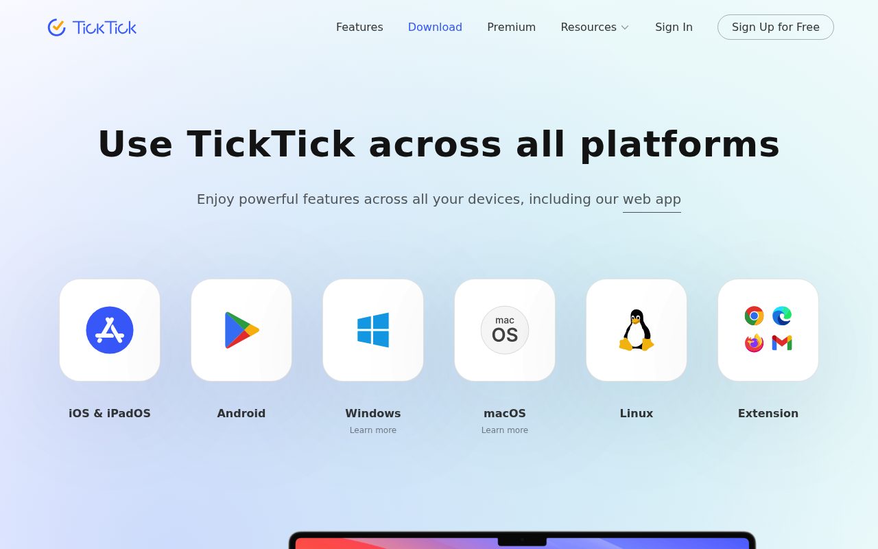 Screenshot of the TickTick download page — TickTick: Strong for Cross-Platform Coverage on a Budget