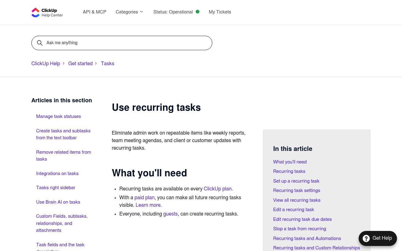 Screenshot of the ClickUp hc page — How Do Recurring Tasks Work Differently in Todoist vs. Asana vs. ClickUp vs. Microsoft Pl