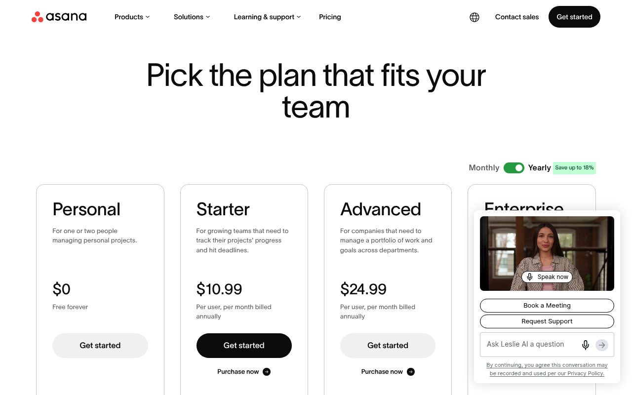 Screenshot of the Asana pricing page — Asana vs. ClickUp Free Plans: Which Suits Personal Projects Better?