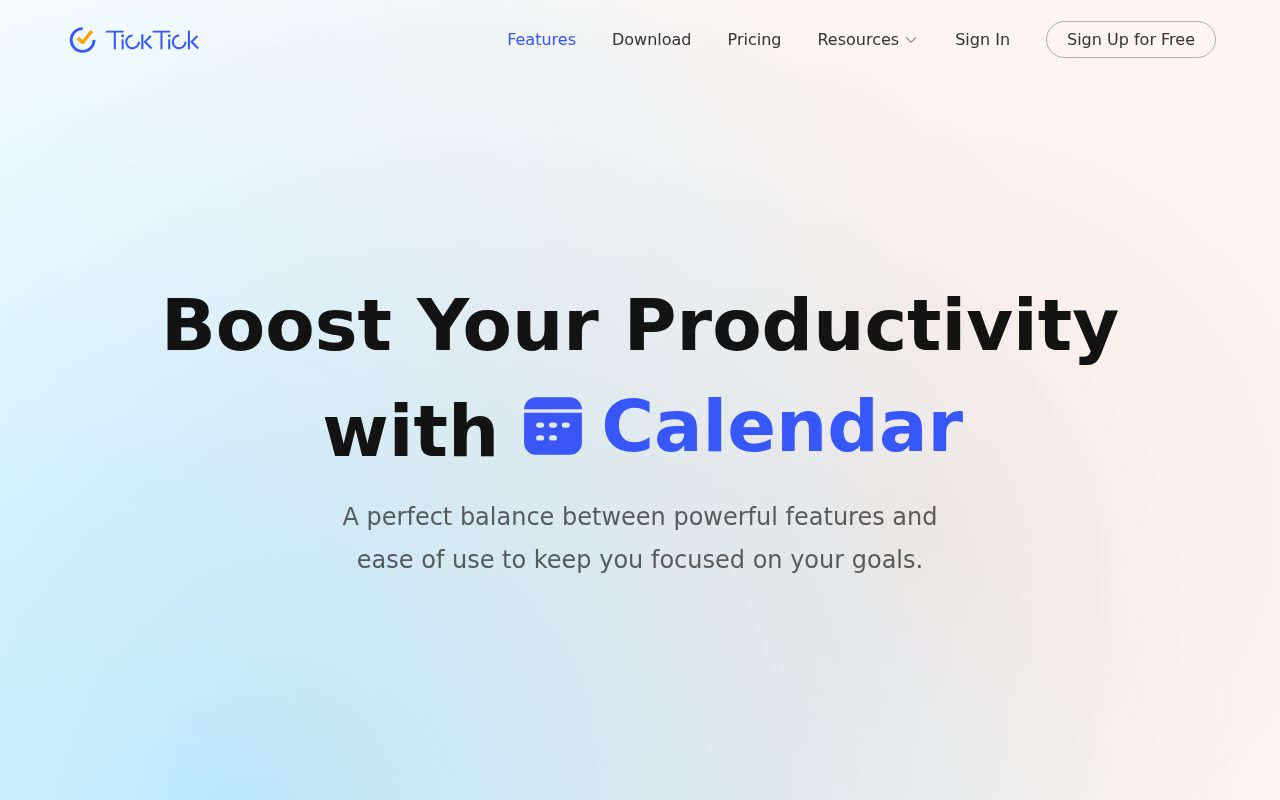 Screenshot of the TickTick features page — TickTick: best for built-in habit tracking and Pomodoro
