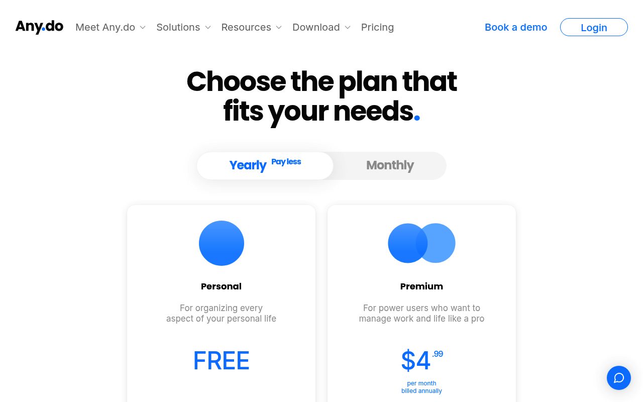 Screenshot of the Any.do pricing page — Any.do: Best Budget Cross-Platform Option