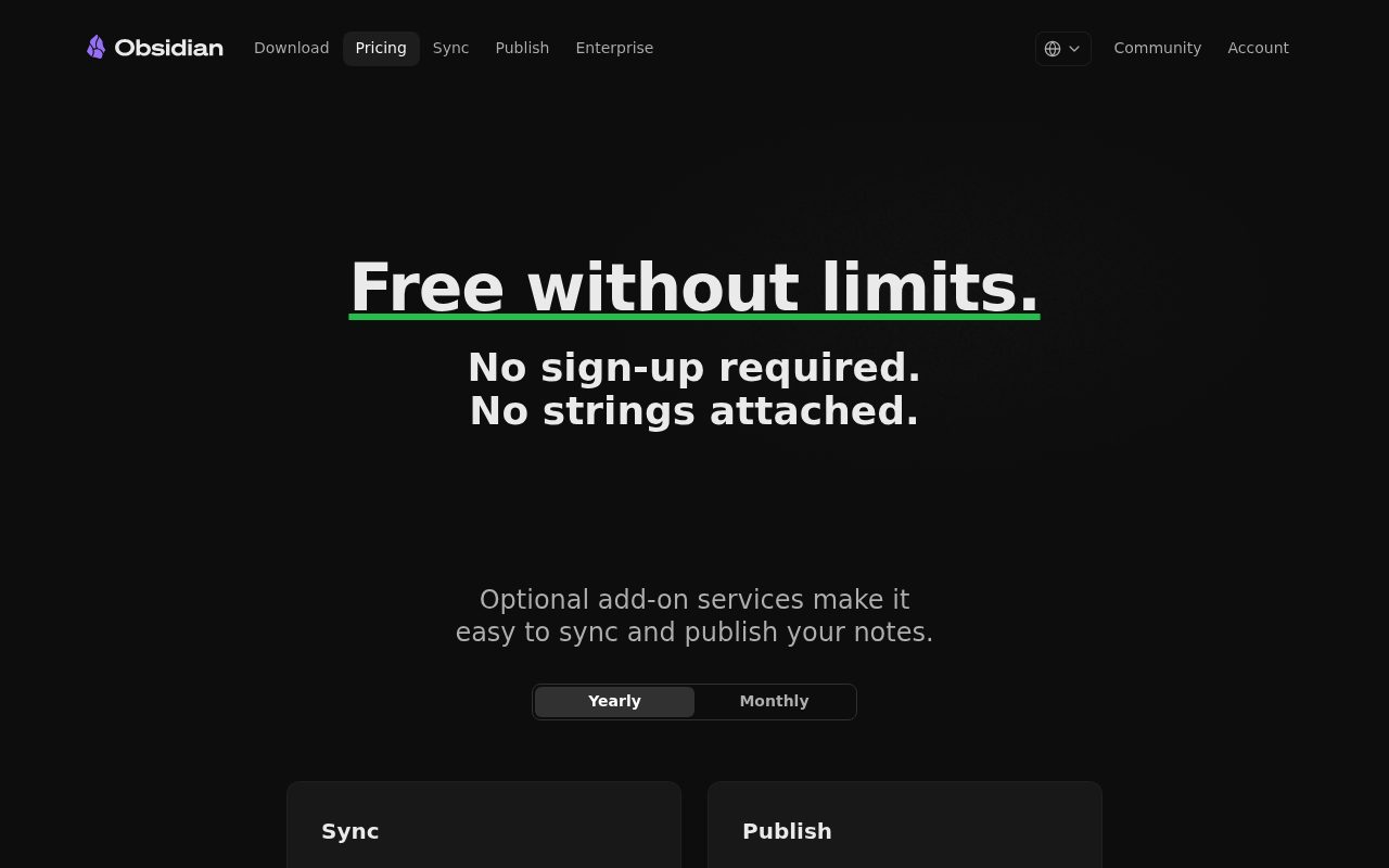 Screenshot of the Obsidian pricing.html page — Obsidian: strong for linked notes and knowledge work