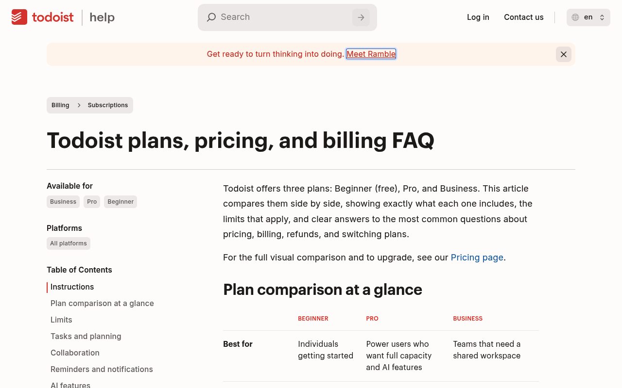 Screenshot of the Todoist help page — Todoist: Best for Flexible Free-Tier GTD Basics
