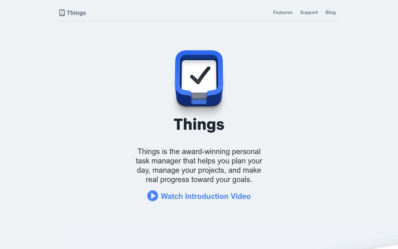 Screenshot of the Things 3 things page — Things 3: fixed built-in views without filter setup