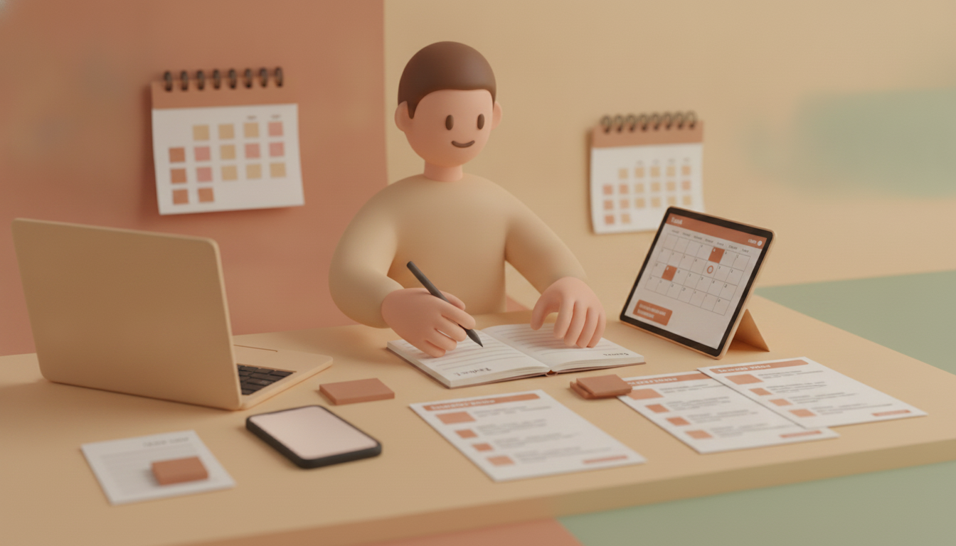 Person planning daily tasks with laptop, phone, and notebook.