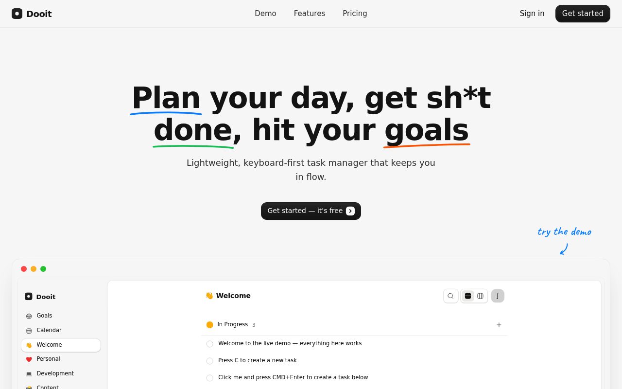Screenshot of the Dooit homepage — Dooit: setting up a repeating task with natural language