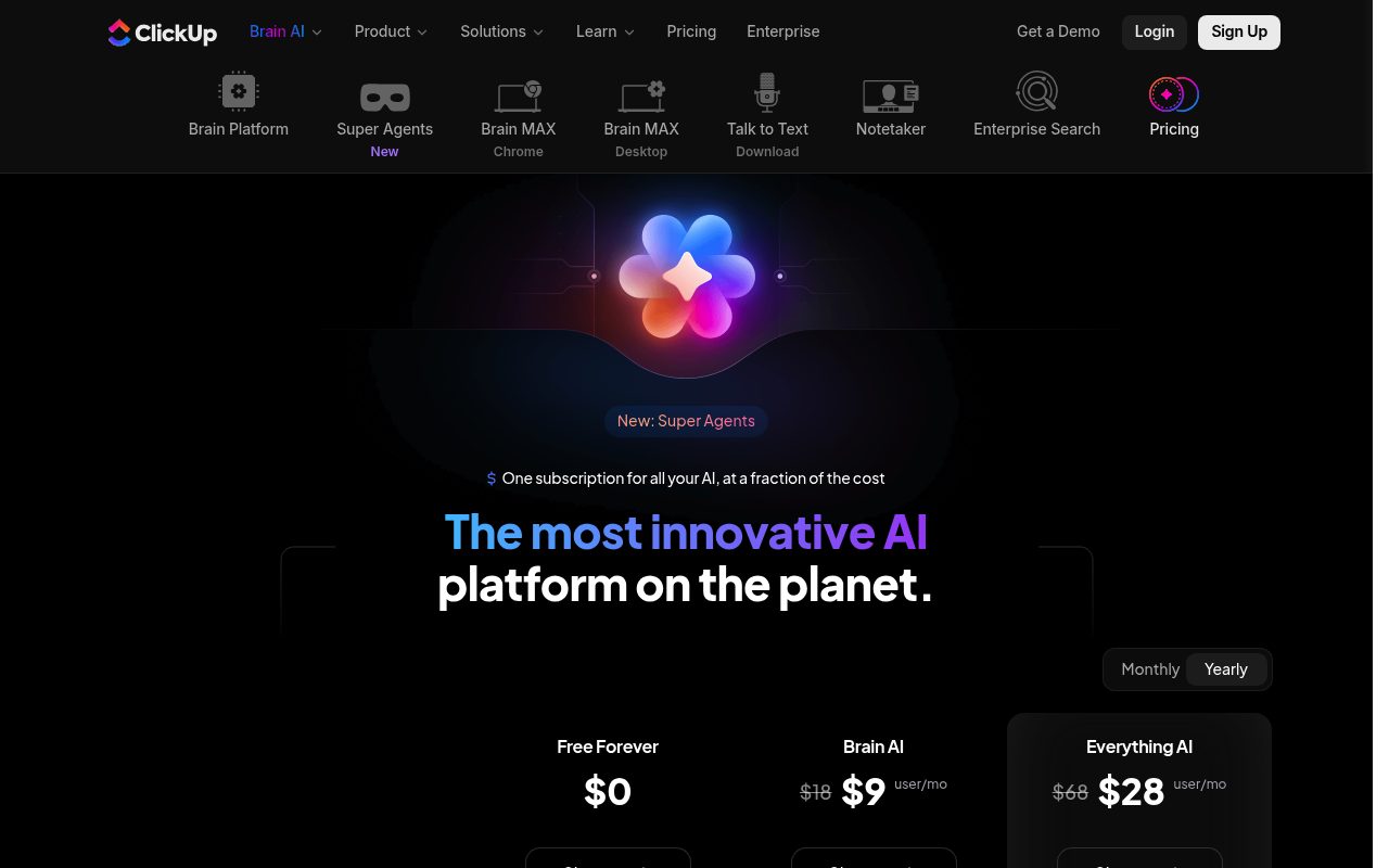 Screenshot of the ClickUp brain page — ClickUp: Best for Teams Needing Built-In Time Tracking and AI