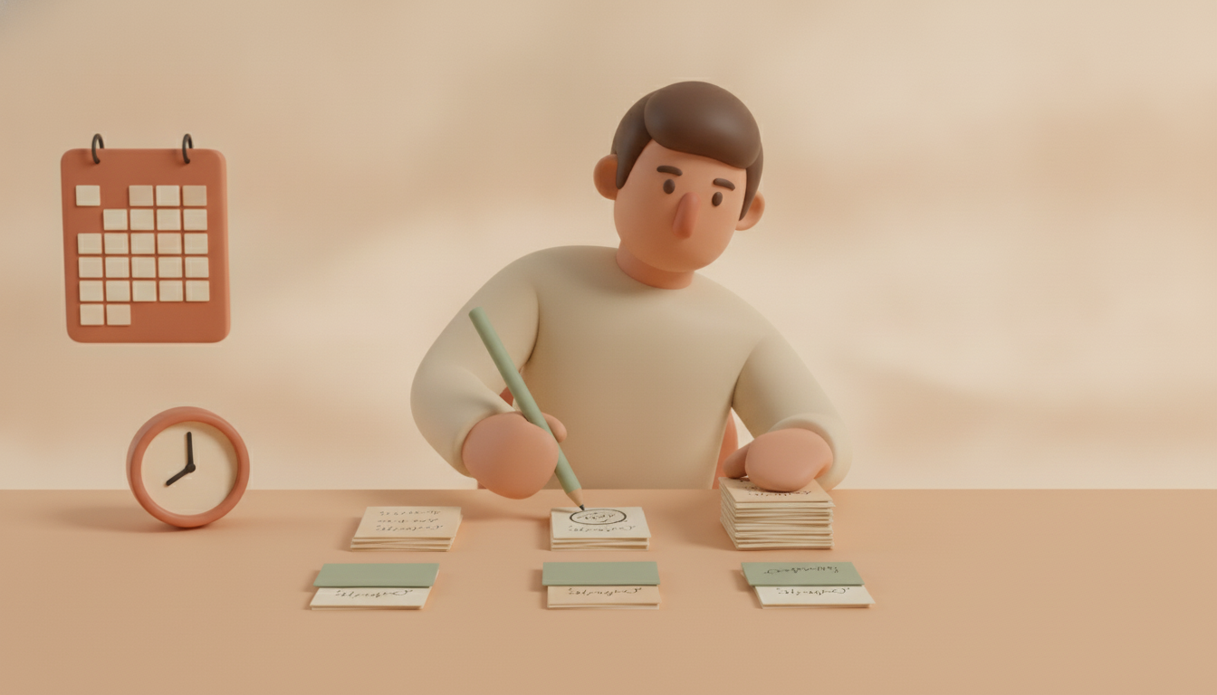 Person sorting task cards by priority on a desk.