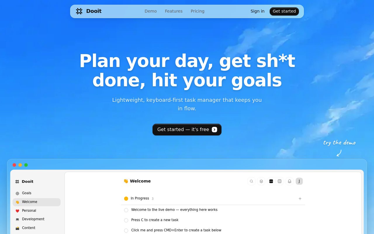Screenshot of the Dooit website — Dooit: Best for Keyboard-First Speed and Sub-50ms Actions