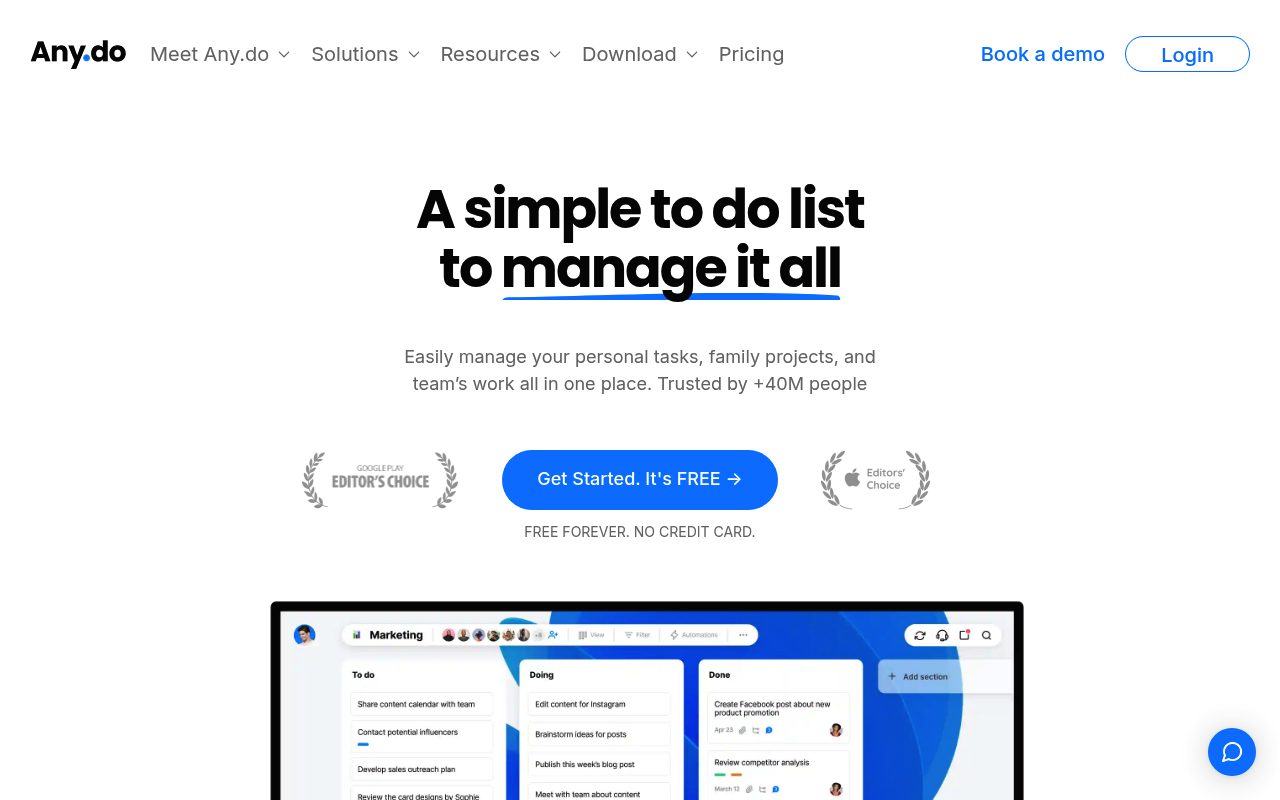 Screenshot of the Any.do website — Any.do: simple mobile-first task capture