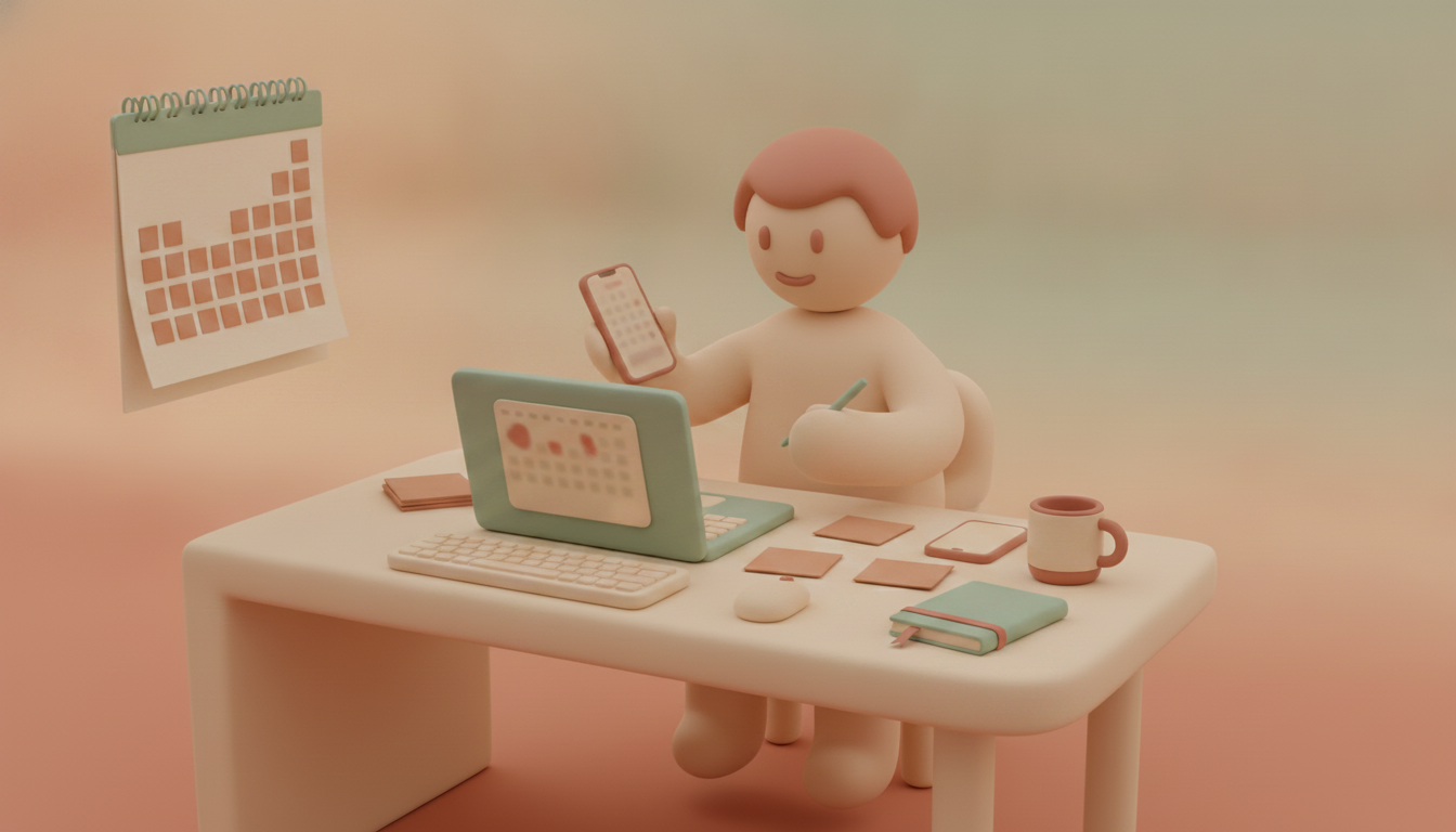 Person coordinating tasks between laptop calendar and smartphone.
