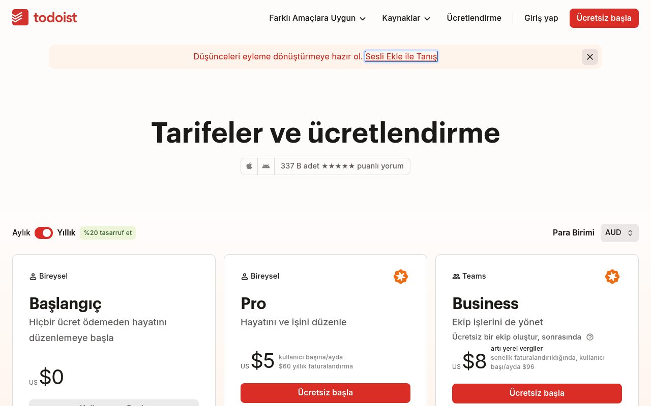 Screenshot of the Todoist tr page — Todoist: strong for flexible task management with filters