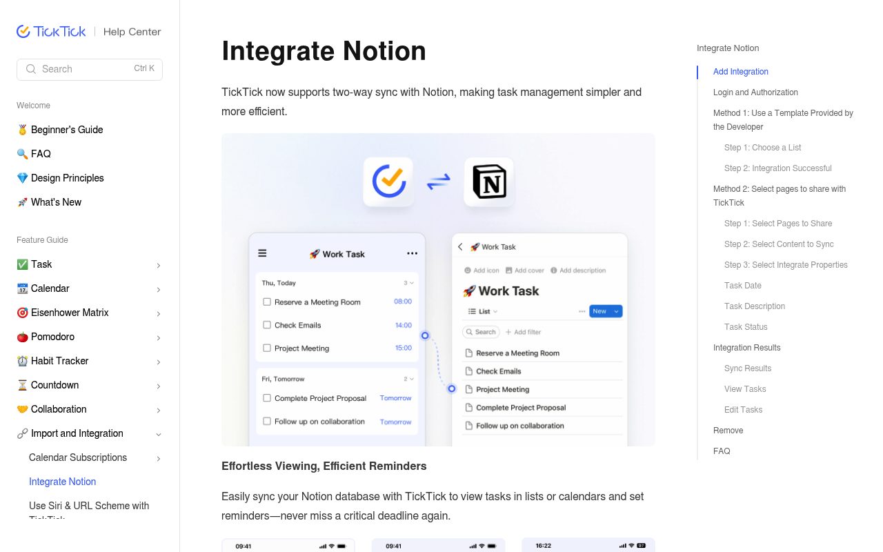 Screenshot of the TickTick articles page — TickTick: best for calendar subscriptions and Notion sync