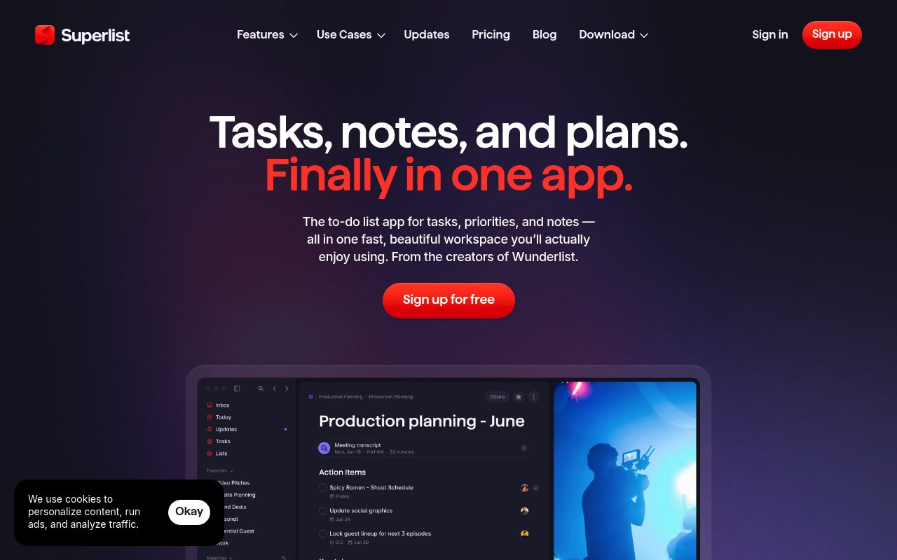Screenshot of the Superlist homepage — Superlist: best for shared lists without a big budget