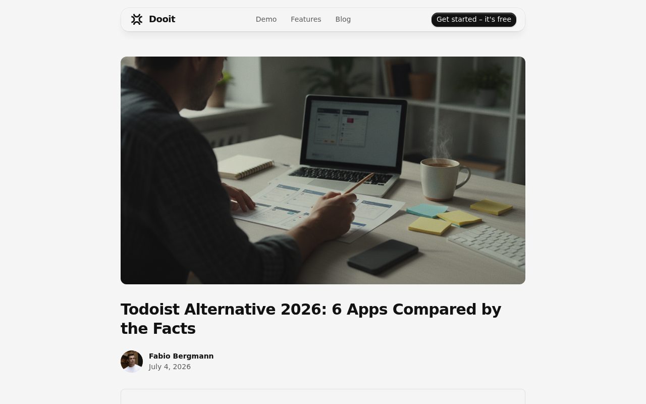 Screenshot of the Dooit blog page — Comparison: Todoist vs. Asana vs. Microsoft To Do vs. Dooit