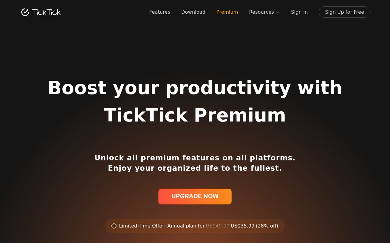 Screenshot of the TickTick about page — TickTick: strong value for calendar-heavy habit planning
