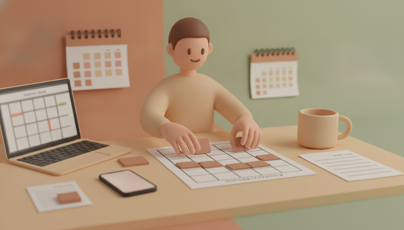 Person weighing tasks at a desk with planner and calendar.