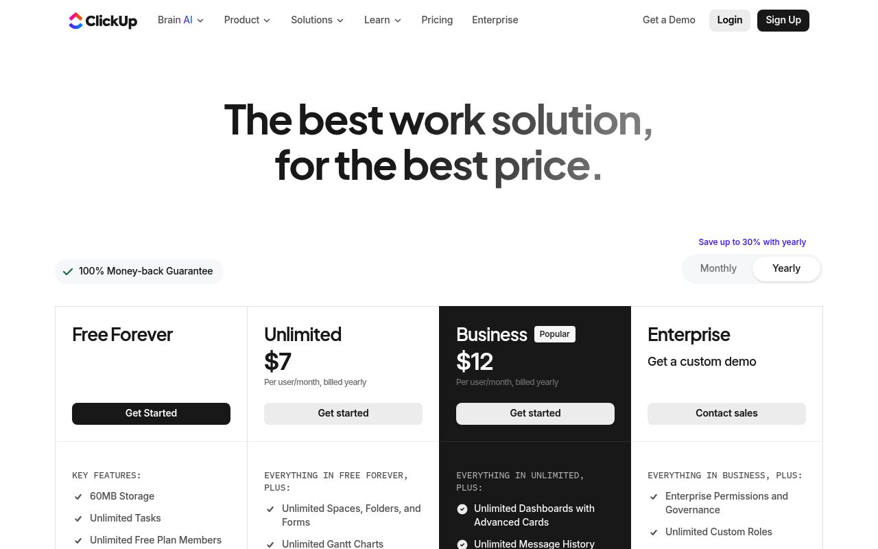 Screenshot of the ClickUp pricing page — ClickUp: Best for Unlimited Free Tasks