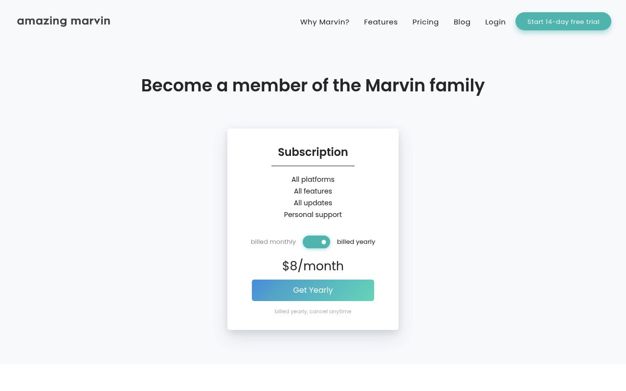 Screenshot of the Amazing Marvin pricing page — Amazing Marvin: Best for Deep Customization and Time Blocking