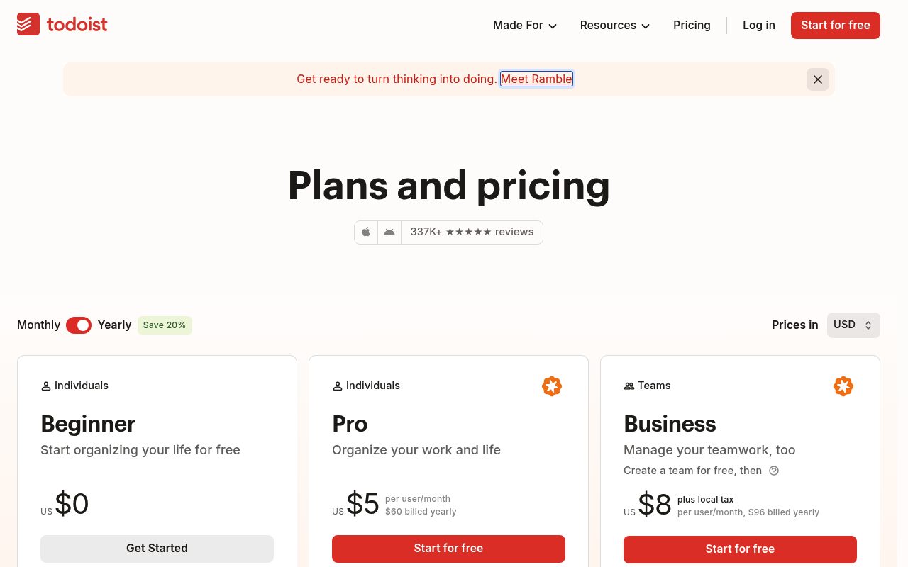 Screenshot of the Todoist pricing page — Todoist: Best for Simple Cross-Platform Task Management