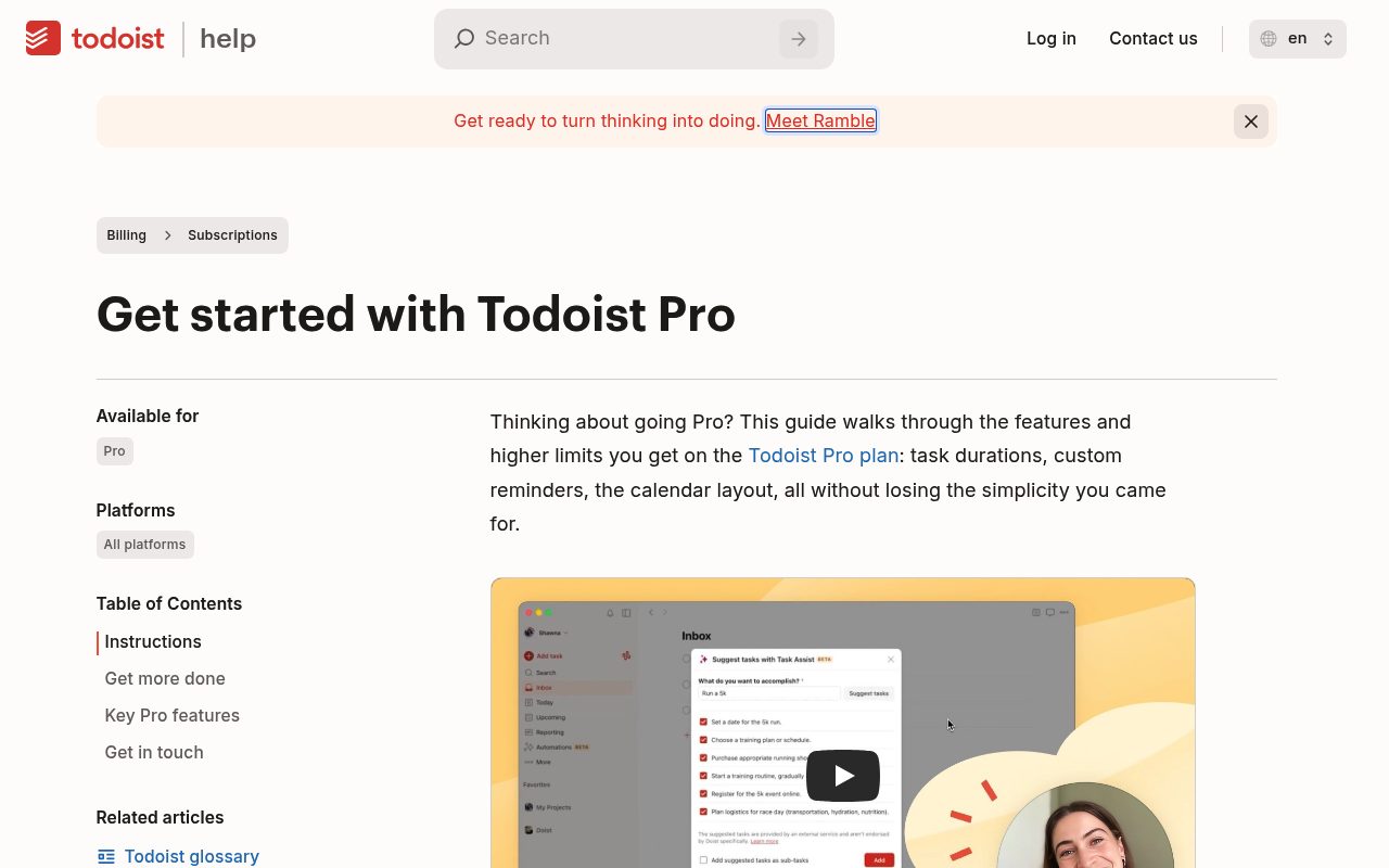 Screenshot of the Todoist help page — Todoist: Calendar-Style Time Blocking