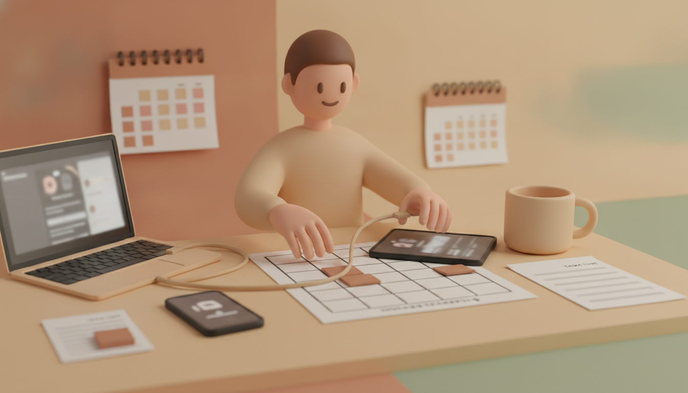 Person linking devices and reviewing calendar and task data.