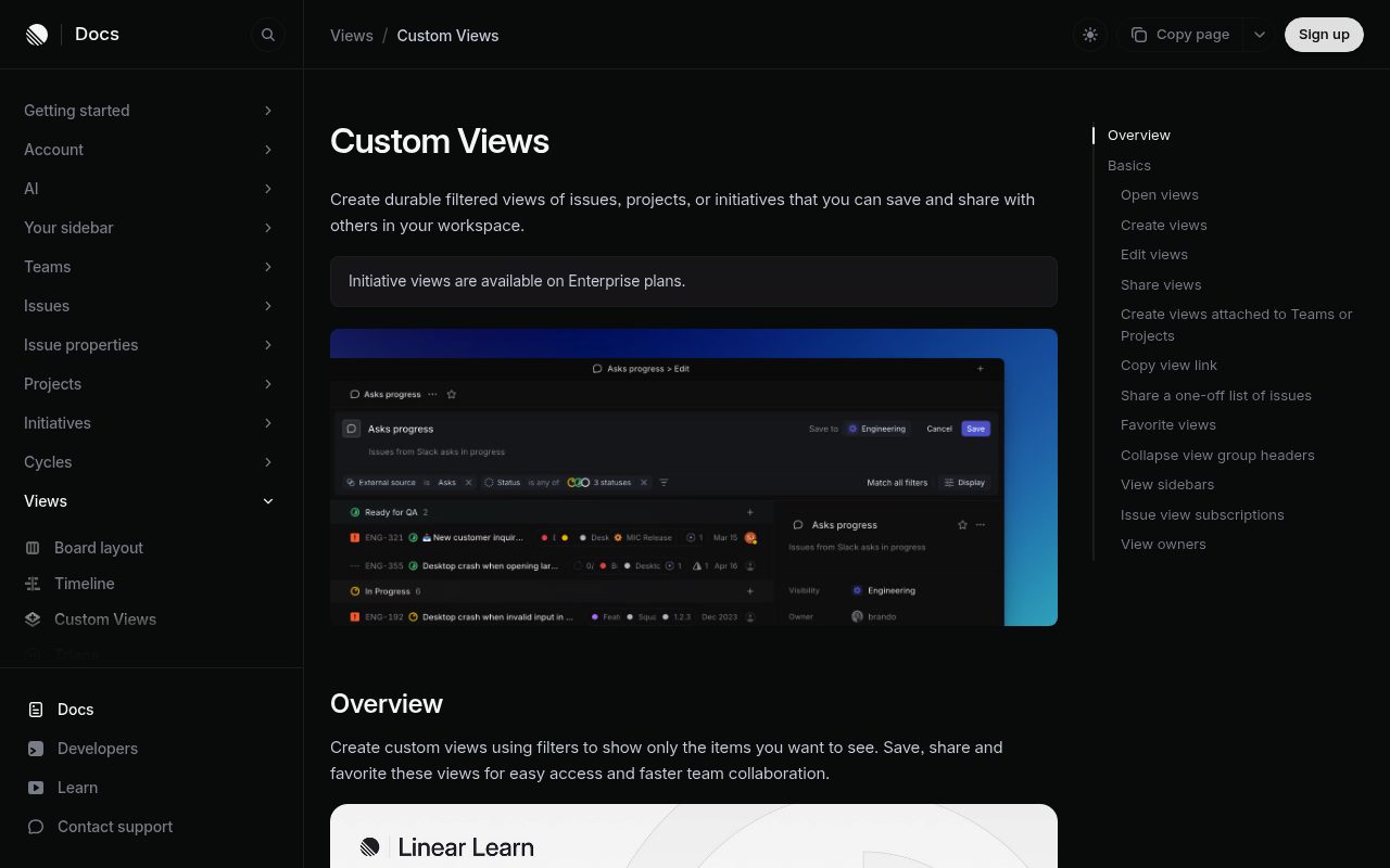 Screenshot of the Linear docs page — Linear: nested AND/OR filter logic