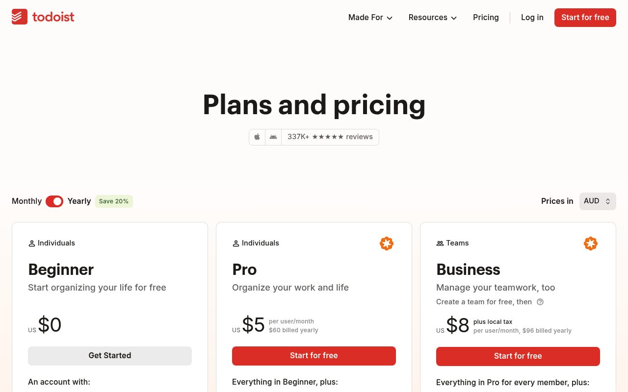 Screenshot of the Todoist pricing page — Todoist: Best for Ecosystem Maturity and Cross-Platform Reach