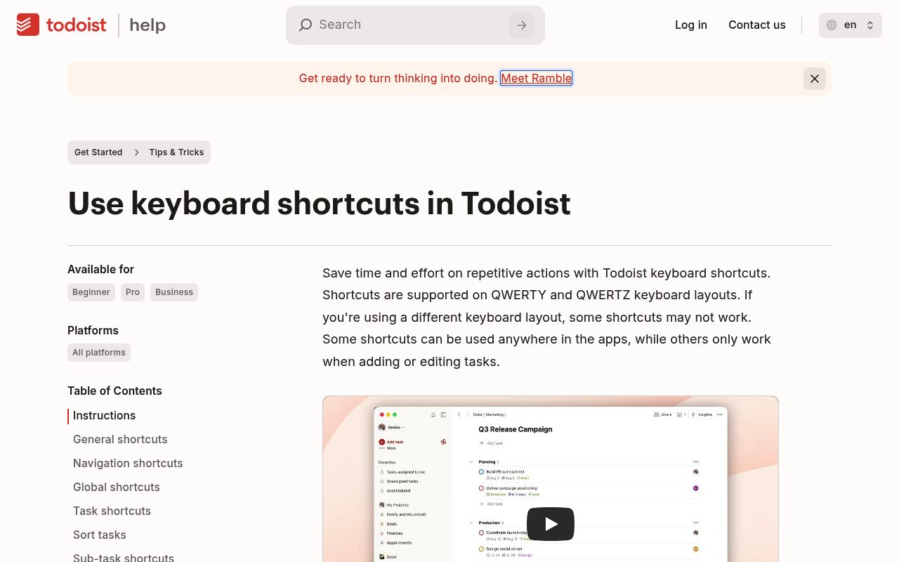 Screenshot of the Todoist help page — Todoist: Best for Cross-Platform Maturity