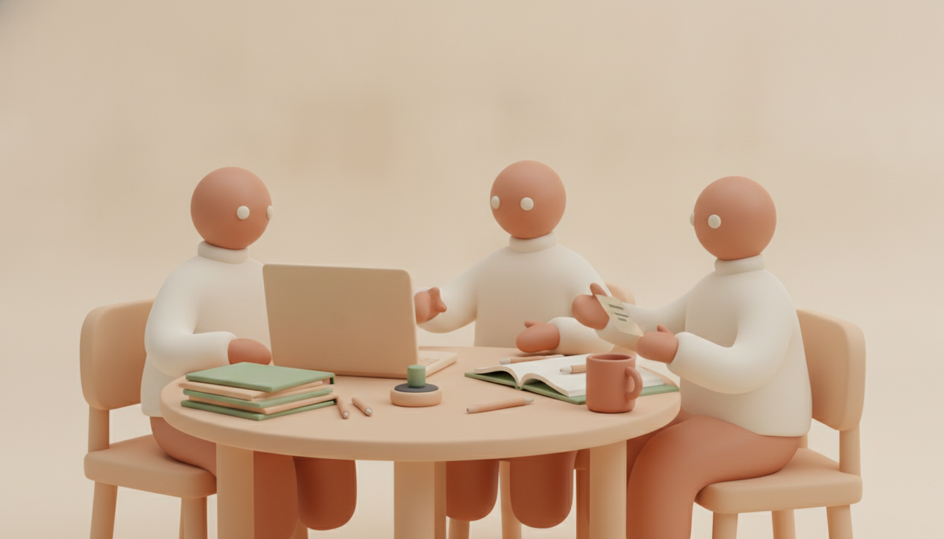 Coworkers organizing tasks together at a meeting table