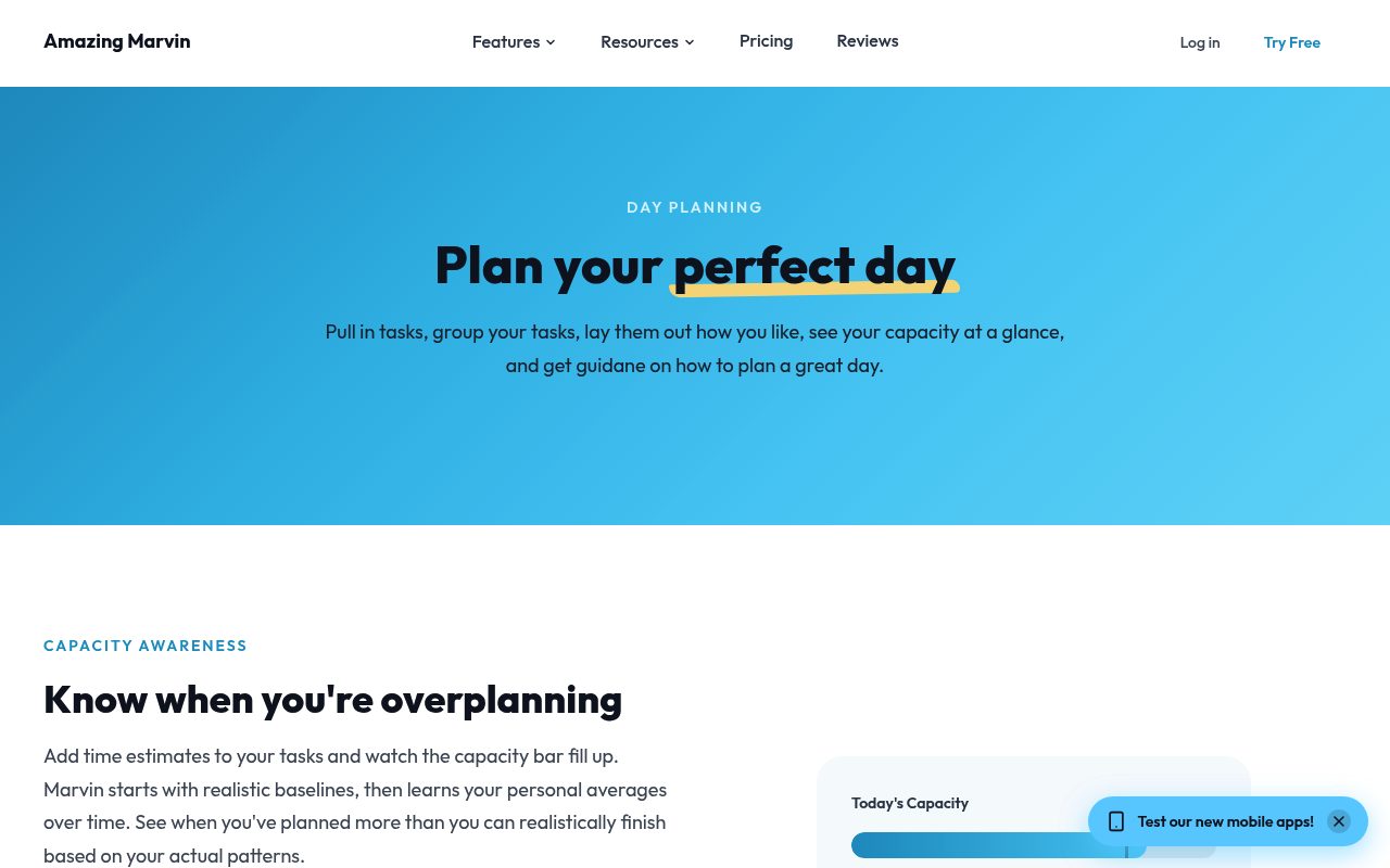 Screenshot of the Amazing Marvin features page — Amazing Marvin: best for customizable day planning rituals