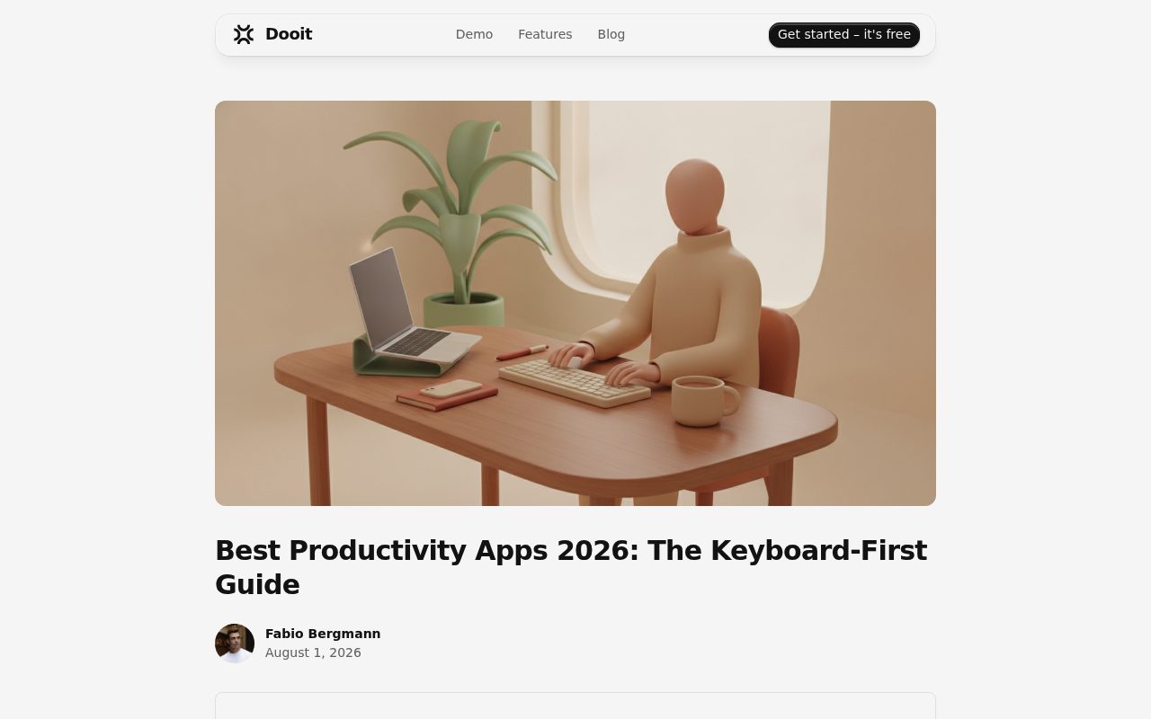 Screenshot of the Dooit blog page — Dooit: keyboard-first speed on one flat plan