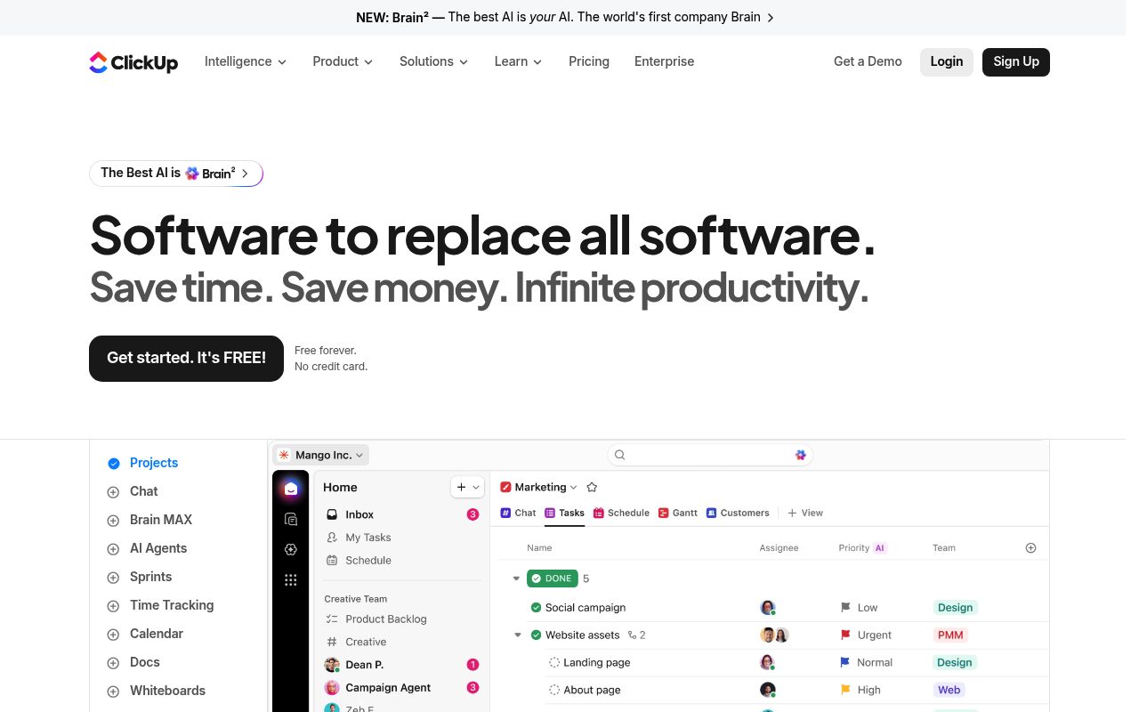 Screenshot of the ClickUp website — ClickUp: strong for teams needing habits inside project workflows
