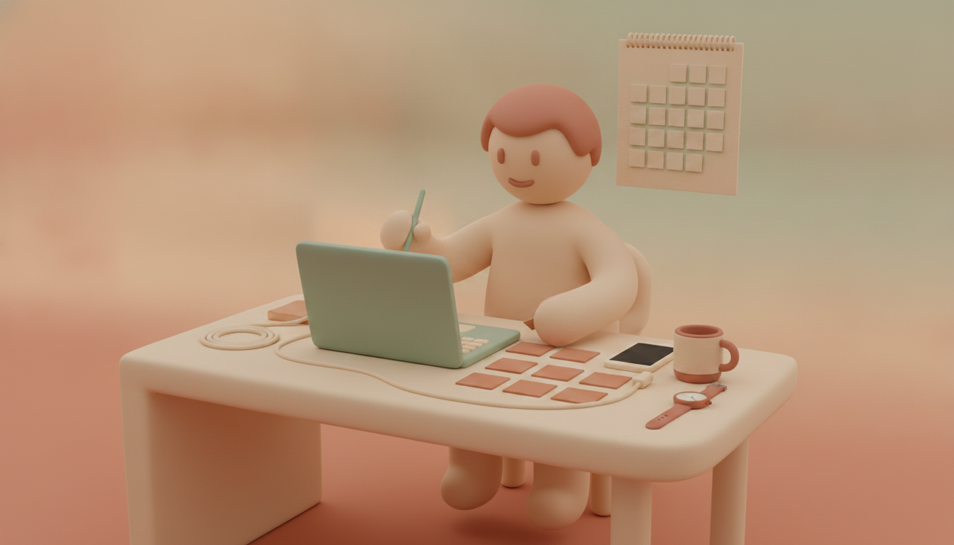 Desk worker coordinating tasks with calendar, laptop, tablet, and phone.